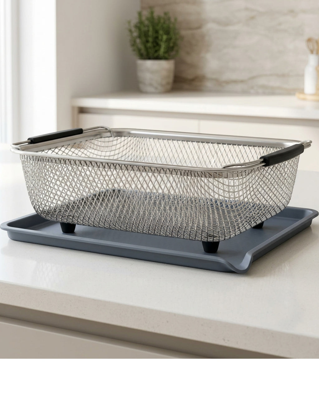 Jrtxf Rectangular Diamond Mesh Draining Basket with Slate Drip Tray - Lifestyle view