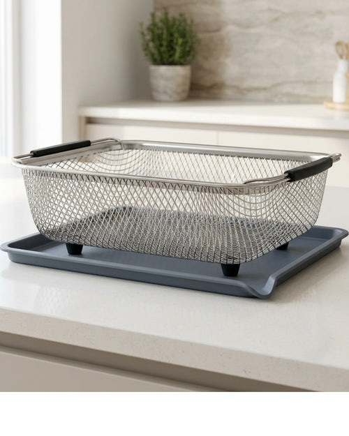 Jrtxf Rectangular Diamond Mesh Draining Basket with Slate Drip Tray - Lifestyle view